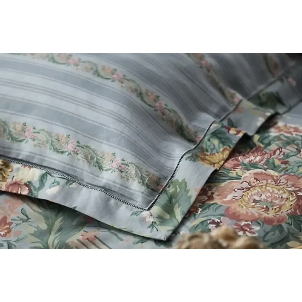 Ralph Lauren Adalia Floral Stripe Duvet Cover Full Queen Blue Hemstitch NIB $430